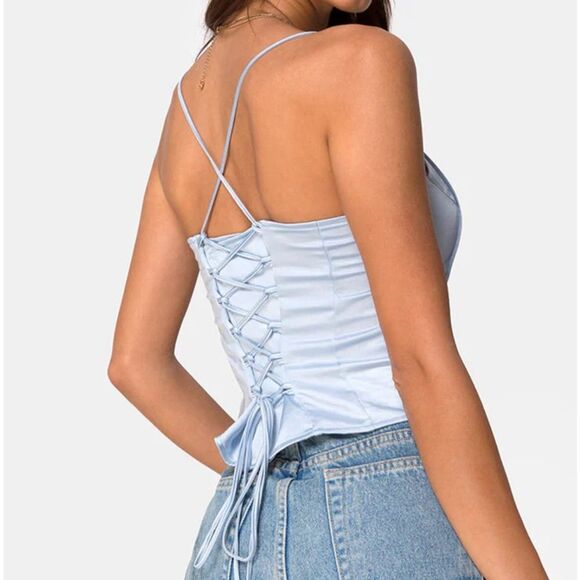 NWT Motel Rocks Light Blue Corset Pleated Satin Camisole Powder Blue Cosey Top - Picture 2 of 7